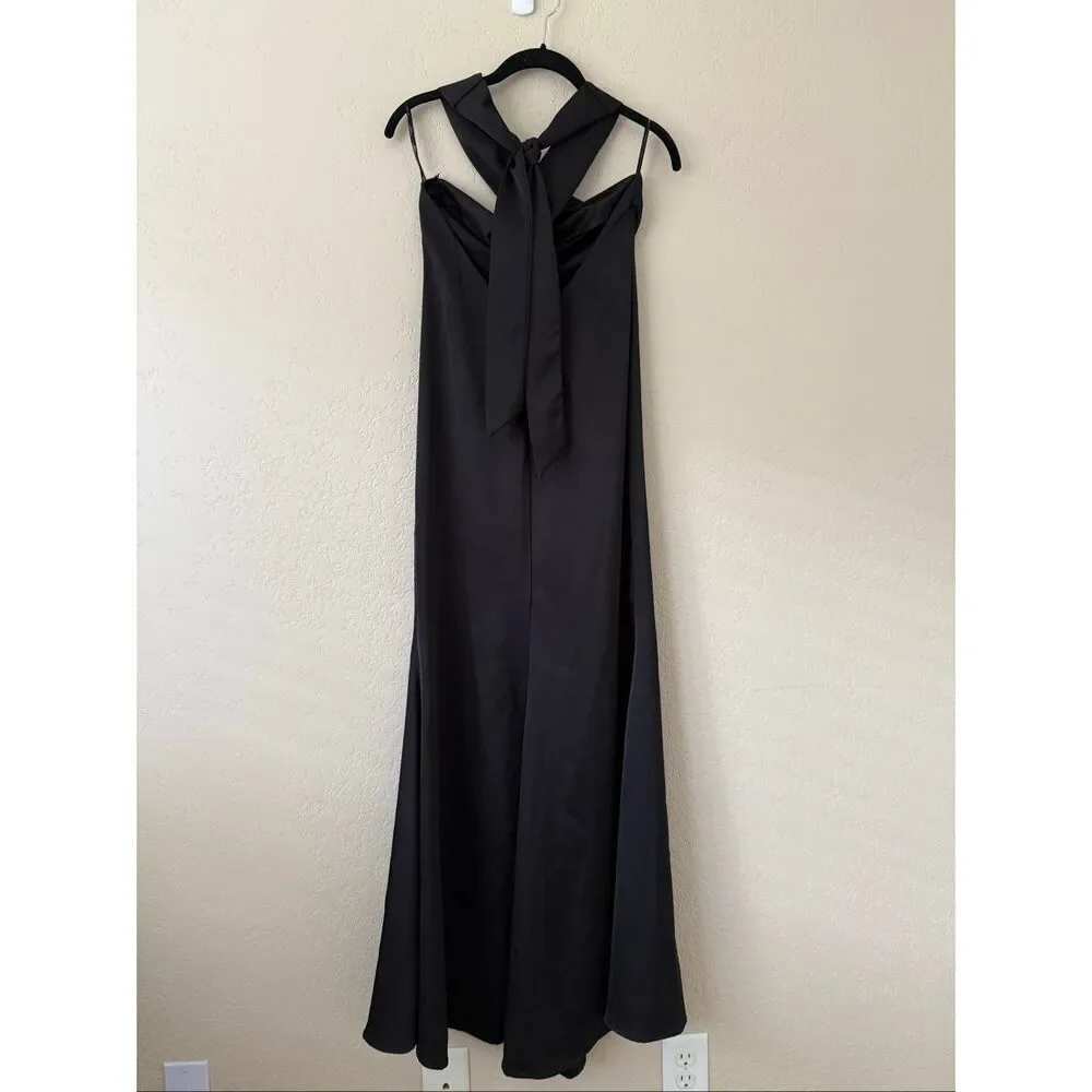 Club L London Unbeatable Satin Cross Over Halter-Neck Maxi Dress in Black - Picture 4 of 7